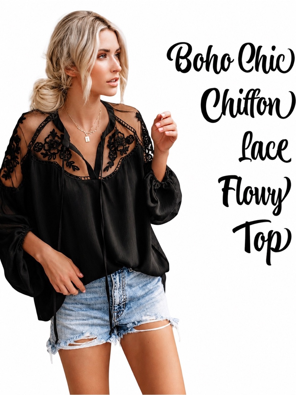Elegant Black Lace Up Romantic Chiffon Blouse NEW
